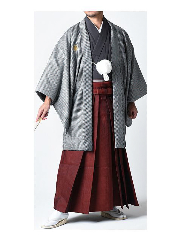 【紋付袴レンタル】スケイル 銀黒＋アルマジロ 赤袴