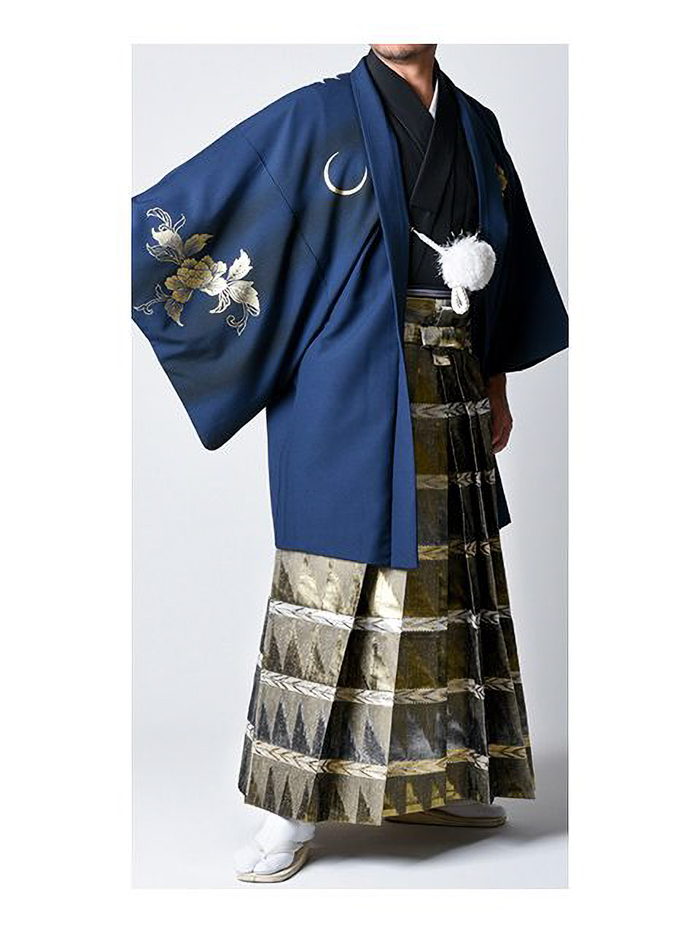 【紋付袴レンタル】三日月に鷹 紺＋ボーダー ウロコ袴