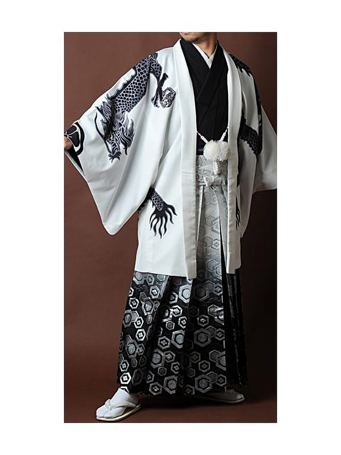 【紋付袴レンタル】白地 ブラックドラゴン＋白銀 亀甲袴