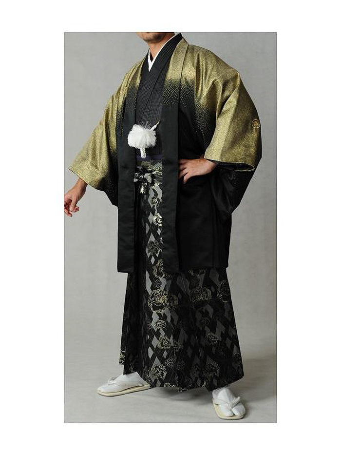 【紋付袴レンタル】黒金 ガネーシャ＋黒 ドラゴン袴  